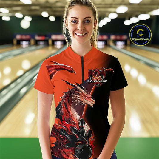 Custom Red Orange Dragon Flame Bowling Women Quarter-Zip Shirt, Bowling Tournament Shirt IPHW9330