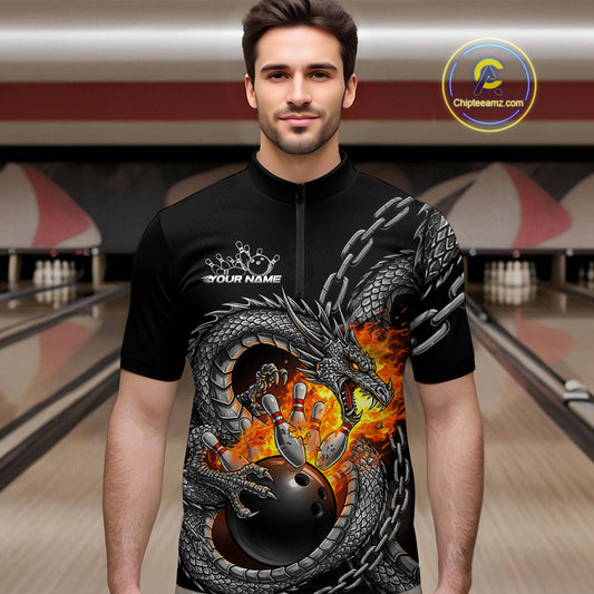 Custom Metal Chain Flame Dragon Bowling Quarter-Zip Shirts For Men, Bowlin Team Shirt IPHW9097