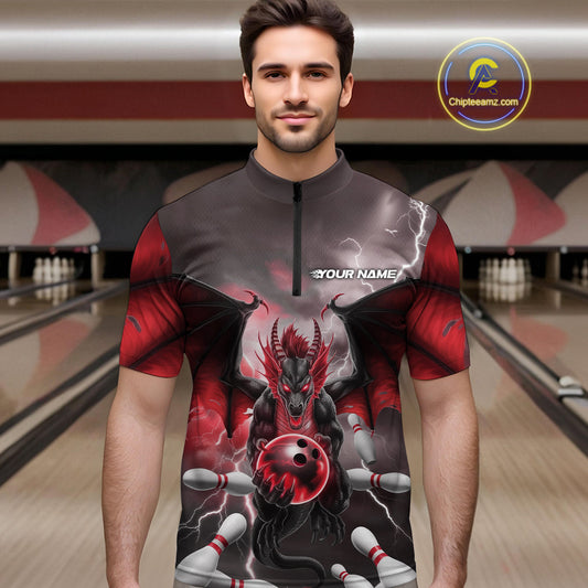 Custom Red Thunder Lightning Dragon Bowling Quarter-Zip Shirts For Men, Team Uniform IPHW9103