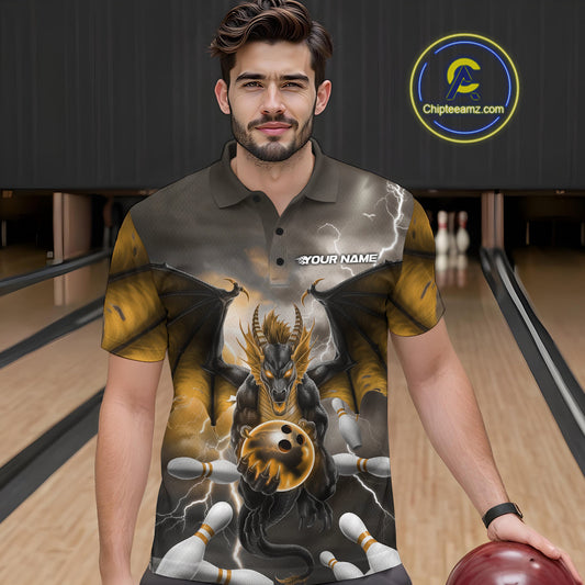 Custom Yellow Thunder Lightning Dragon Bowling Polo Shirts For Men, Team Uniform IPHW9105