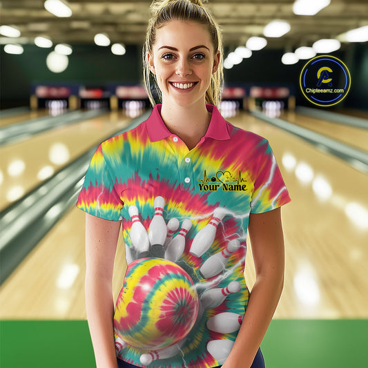 Custom Colorful Tie Dye Bowling Polo Shirts For Women, Rainbow Bowling Outfit IPHW9116