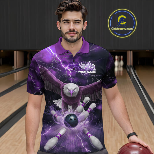 Custom Purple Thunder Lightning Eagle Bowling Polo Shirts For Men, Eagle Bowling Jerseys IPHW9365