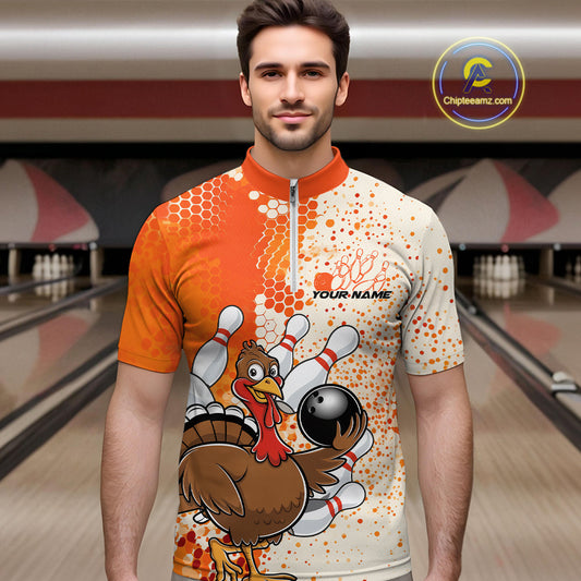 Custom Funny Orange Thanksgiving Turkey Bowling Team Men Quarter-Zip Shirts, Bowling Jerseys IPHW9767