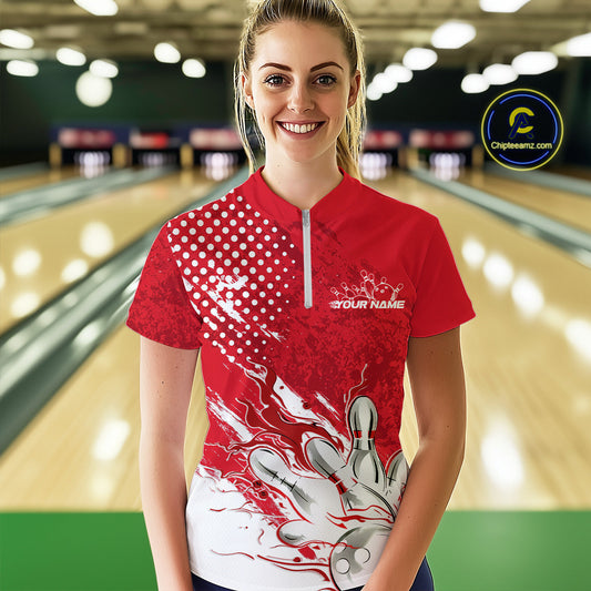 Custom White And Red Bowling Women Quarter Zip Shirt, Flame Bowling Jerseys Team Shirt IPHW9618