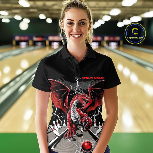 Custom Red Dragon On The Lane Bowling Polo Shirts For Women, Dragon Bowling Team Shirt IPHW9101
