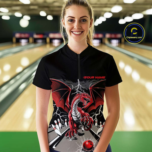 Custom Red Dragon On The Lane Bowling Women Quarter-Zip Shirts, Dragon Bowling Team Shirt IPHW9101