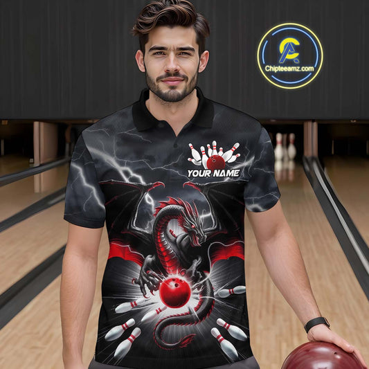 Custom Thunder Lightning Red Dragon Bowling Team Polo Shirts For Men, Bowling Jerseys IPHW9110