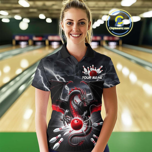 Custom Thunder Lightning Red Dragon Bowling Team Polo Shirts For Women, Bowling Jerseys IPHW9110