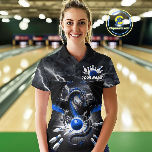 Custom Thunder Lightning Blue Dragon Bowling Team Polo Shirts For Women, Bowling Jerseys IPHW9111