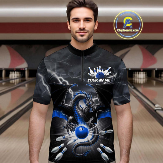 Custom Thunder Lightning Blue Dragon Bowling Team Quarter-Zip Shirts For Men, Bowling Jerseys IPHW9111