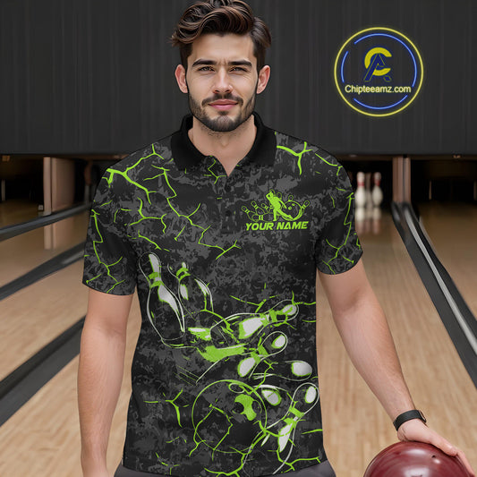 Custom Black And Green Camo Bowling Team Polo Shirts For Men, Bowling League Shirt IPHW9372