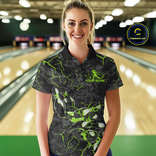 Custom Black And Green Camo Bowling Team Polo Shirts For Women, Bowling League Shirt IPHW9372