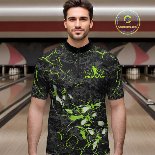 Custom Black And Green Camo Bowling Team Quarter-Zip Shirts For Men, Bowling League Shirt IPHW9372