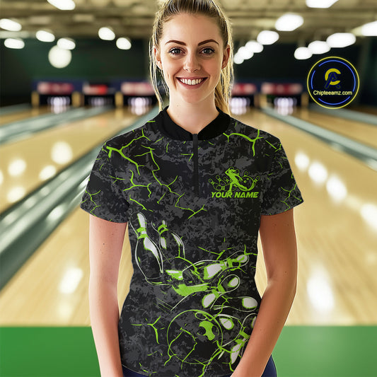 Custom Black And Green Camo Bowling Team Women Quarter-Zip Shirts, Bowling League Shirt IPHW9372