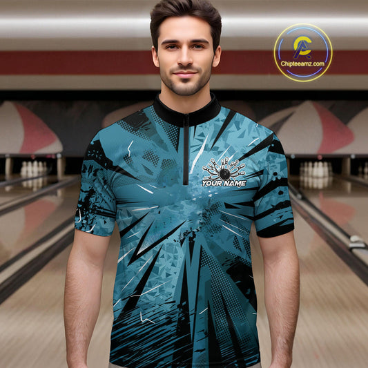 Custom Blue Camouflage Bowling Team Quarter-Zip Shirts For Men, Bowling League Shirt IPHW9385
