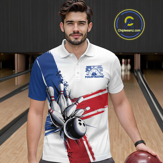 Personalized Red, White And Blue Patriotic US Flag Bowling Polo Shirts For Men Team IPHW9543
