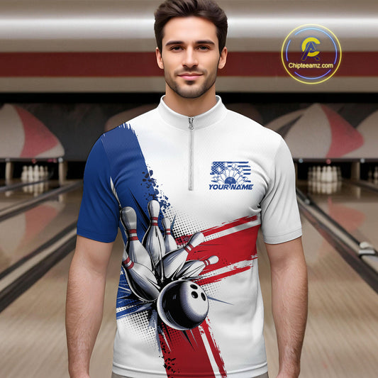 Personalized Red, White And Blue Patriotic US Flag Bowling Quarter-Zip Shirts For Men Team IPHW9543