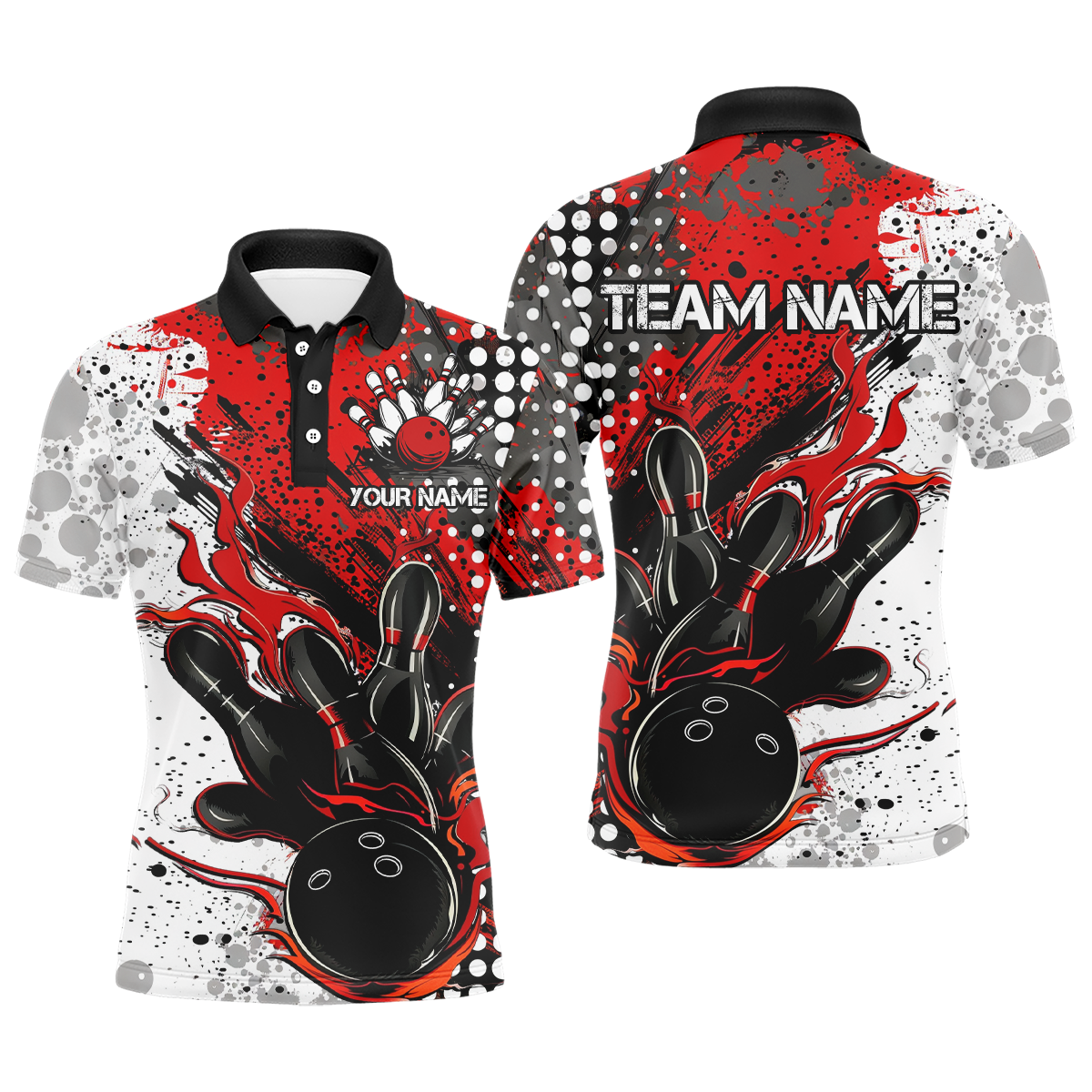 Red And Black Flame Bowling Team Shirts, Strike Bowling Short Sleeve Polo Shirts For Men IPHW6753