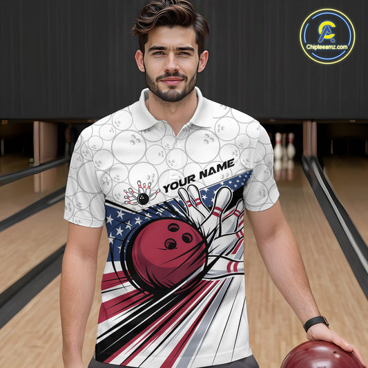 Custom Patriotic US Flag Bowling Polo Shirts For Men, Bowling Pattern Bowling League Shirt IPHW9594