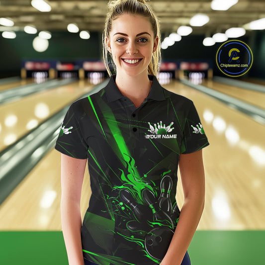 Custom Black And Green Flame Bowling Team Women Polo Shirts, Fire Bowling Jerseys IPHW9613
