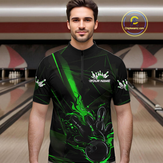 Custom Black And Green Flame Bowling Team Men Quarter-Zip Shirts, Fire Bowling Jerseys IPHW9613
