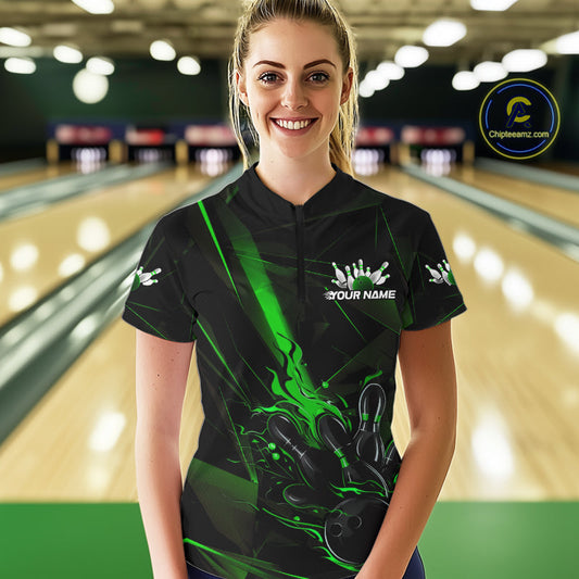 Custom Black And Green Flame Bowling Team Women Quarter-Zip Shirts, Fire Bowling Jerseys IPHW9613