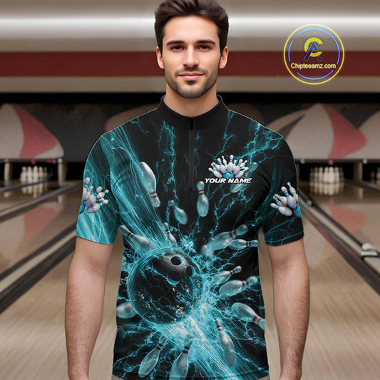 Custom Blue Thunder Lightning Bowling Team Men Quarter-Zip Shirts, Bowling Jerseys IPHW9742