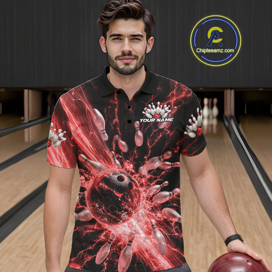 Custom Red Thunder Lightning Bowling Team Men Polo Shirts, Bowling Jerseys IPHW9743