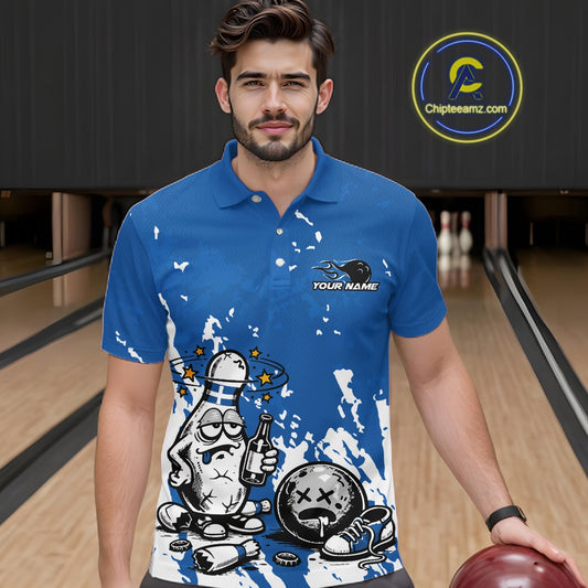 Male model in a bowling lane wearing a blue and white polo shirt, humorous drunk bowling pin artwork with beer bottle and bowling ball.