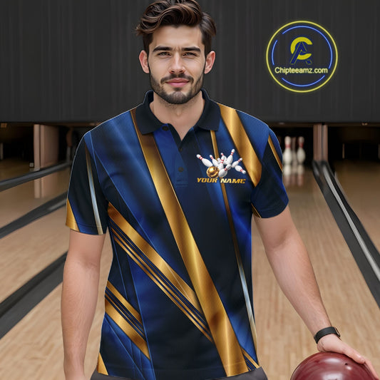 A man wearing a custom bowling polo shirt in navy blue and gold with a bowling graphic on the chest, standing in a bowling alley holding a bowling ball. A circular 'Chipleamz.