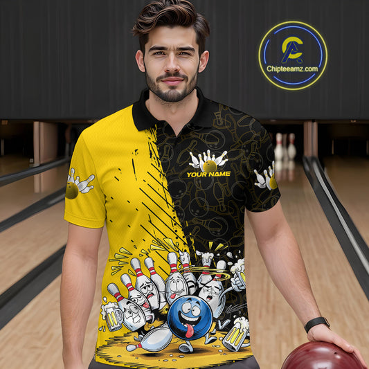 Custom Yellow Funny Bowling Men Polo Shirts, Bowling And Beer Party Bowlers Outfit IPHW9828