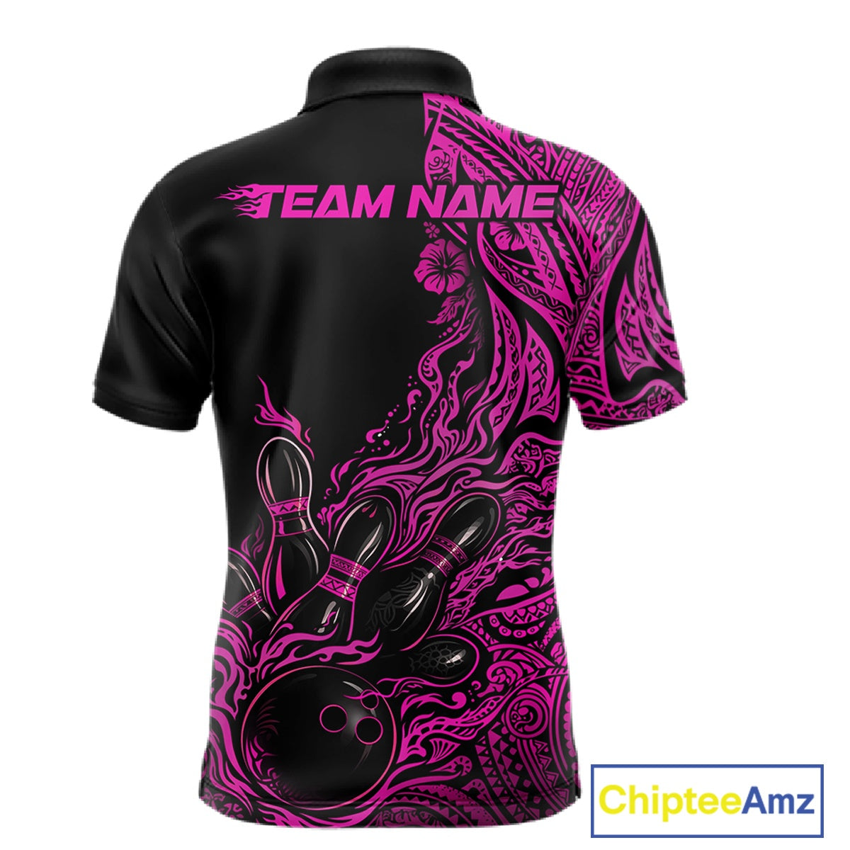 Custom Black And Pink Tribal Pattern Flame Bowling Team Shirts, Polynesian Bowling Ball Bowling League Shirt IPHW10494