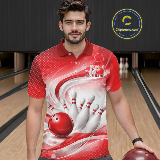 Male model in a bowling alley wearing a white and red bowling polo shirt with flowing abstract artwork and a bowling strike motif