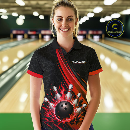 Custom Black And Red Fire Flame Bowling Team Women Polo Shirt, Team Jerseys IPHW11682