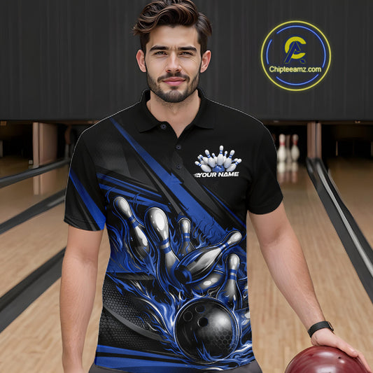Male model in a bowling lane wearing black polo shirt, front view featuring blue flame bowling ball hitting pins with dynamic stripe graphics