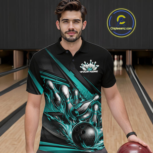 Male model in a bowling lane wearing black polo shirt, front view showcasing turquoise flame bowling ball hitting pins with geometric stripe design