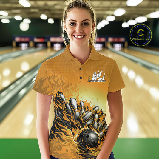 Female Model At Bowling Lane Front View Wearing Yellow Polo Shirt With Flaming Bowling Ball Hitting Pins Illustration And Energetic Motion Style
