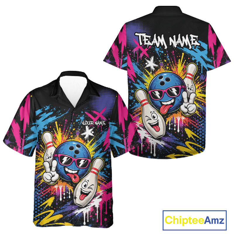Custom Funny Colorful Paint Splatter Bowling Men And Women Button Up Shirt, Graffity Bowling Jersey IPHW11803