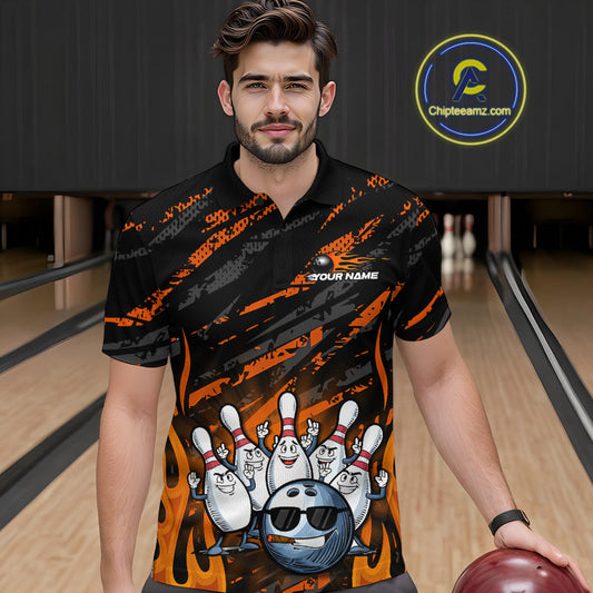 Custom Orange Camo Funny Flame Bowling Men Polo Shirts, Bowling Team League Shirt IPHW10091