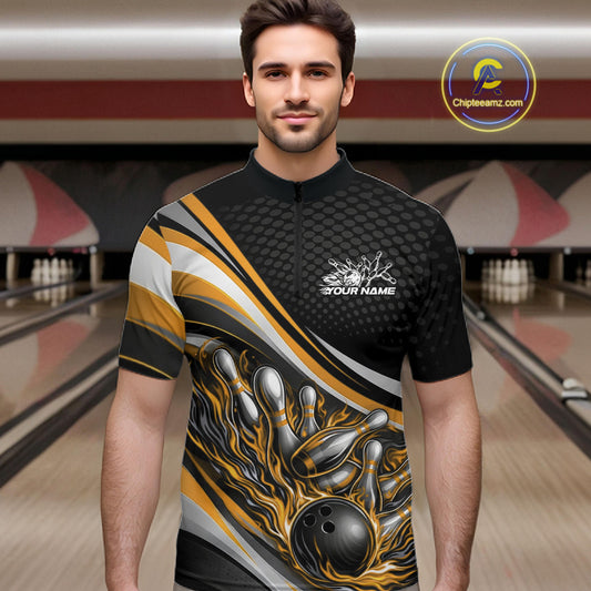 Male model at a bowling lane wearing a black and yellow quarter-zip shirt, flame bowling ball and pins illustration creating an intense strike moment.