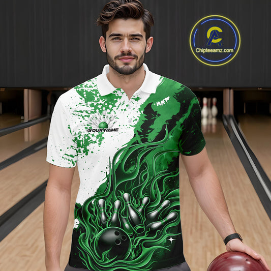 In bowling lane front view male model wearing bowling polo shirt, black base with green and white flame bowling ball and pins artwork, dynamic sports lighting