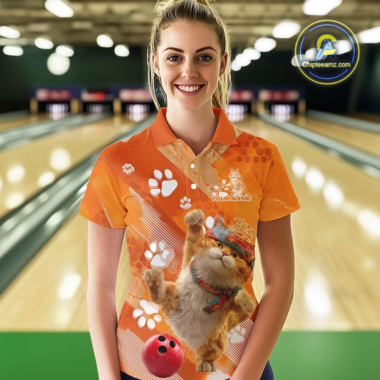 Custom Funny Orange Cat Bowling Women Polo Shirt, Cute Team Cat Paw Bowling Shirt IPHW10102