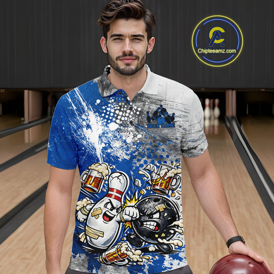 Front view of a male model in a bowling lane wearing a blue and white grunge splatter polo shirt with funny cartoon bowling ball and pin fist-fighting illustration.