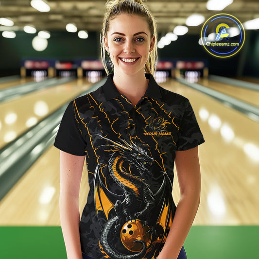 Custom Gray And Yellow Camo Dragon Claws Bowling Women Polo Shirts, Team Bowling Jerseys IPHW9857