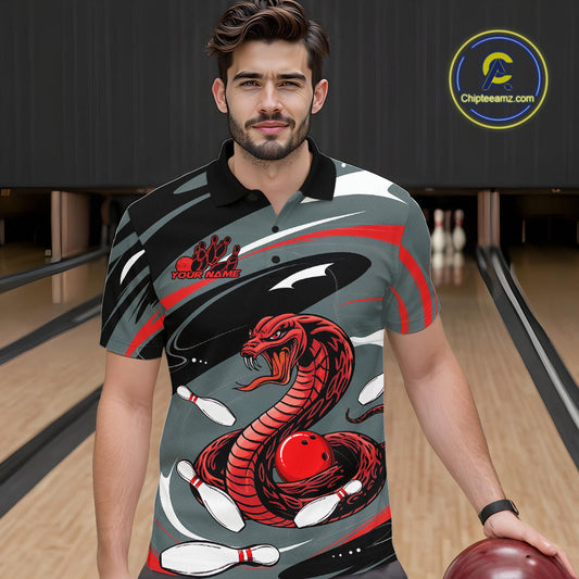 Custom Gray And Red Cobra Snake Bowling Polo Shirt For Men, Cobra Bowling Team Jersey IPHW9893