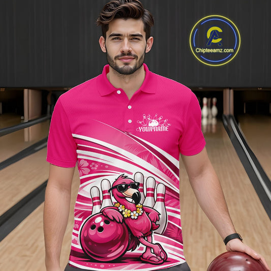 Male model wearing a pink bowling polo shirt in a bowling center with a tropical flamingo, sunglasses, and bowling ball illustration.