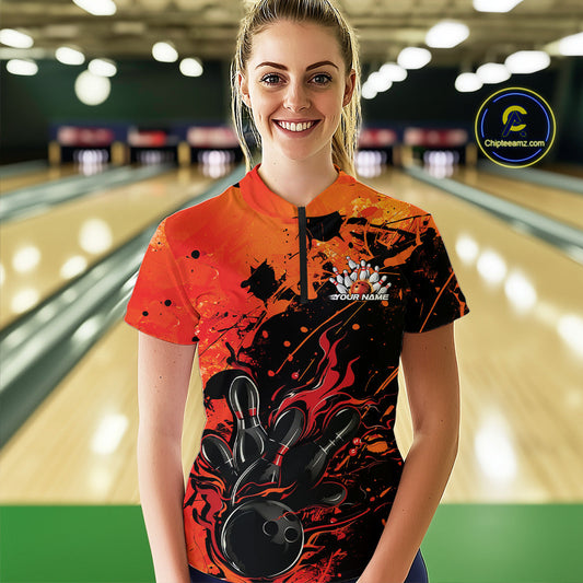 Custom Red Orange Flame Bowling Women Quarter-Zip Splatter Bowling Tournament Shirt IPHW9932