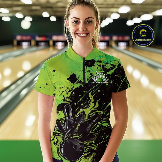 Custom Green Flame Bowling Women Quarter-Zip Shirt, Splatter Bowling Team Shirt IPHW9934