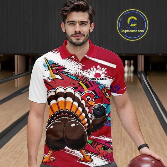 Front view of a male model wearing a red custom bowling polo shirt featuring a funny graffiti style turkey holding a bowling ball, paint splatter details, and a custom name in a bowling alley.