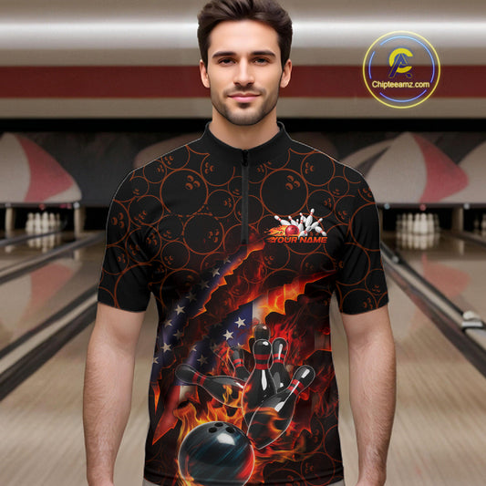 Custom Patriotic Flame Men Bowling Team Shirt, US Flag Bowling League Team Shirt IPHW10192